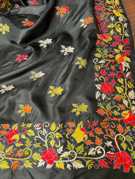 Black Silk Dupatta with Kantha Work