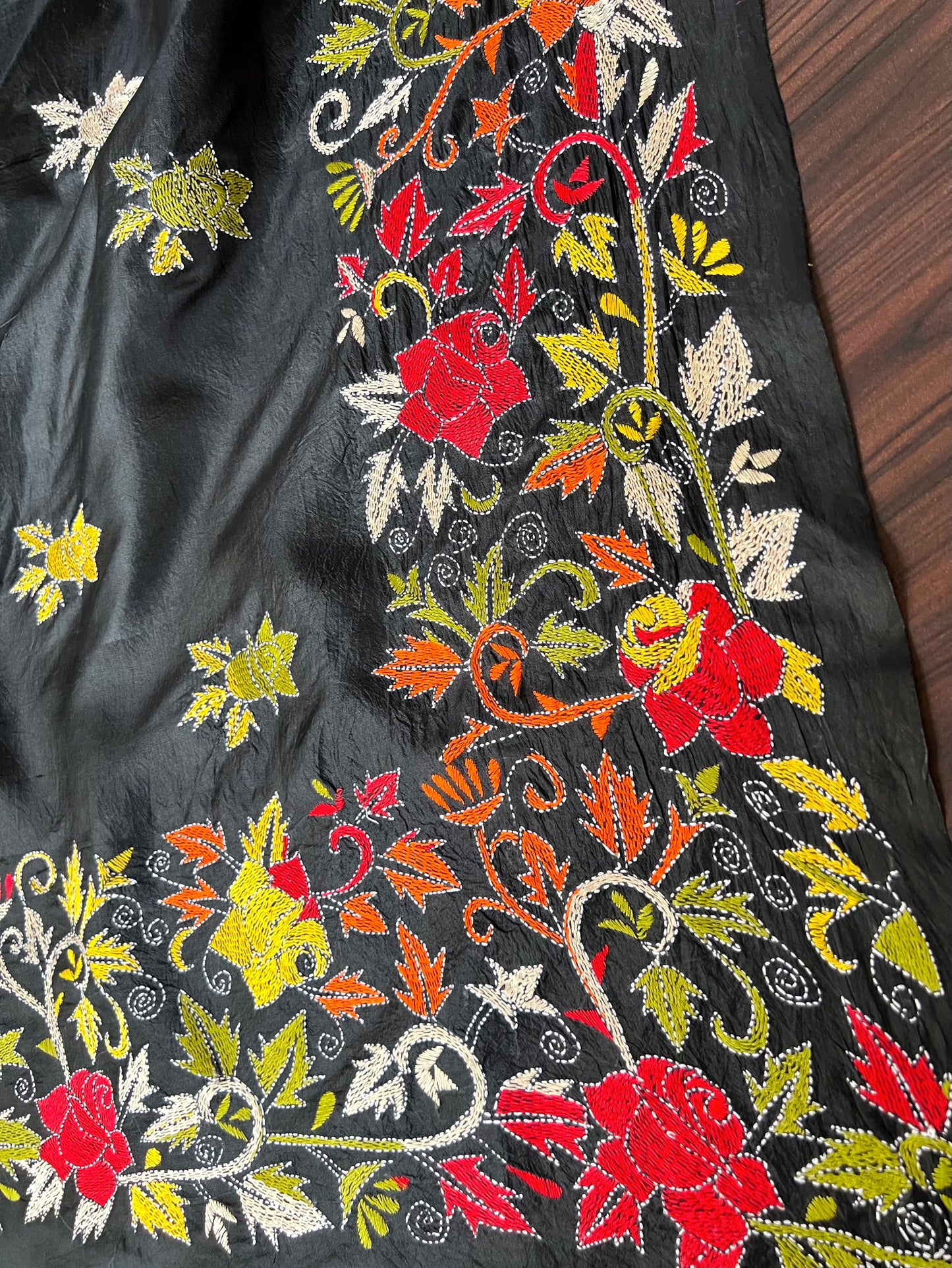 Black Silk Dupatta with Kantha Work