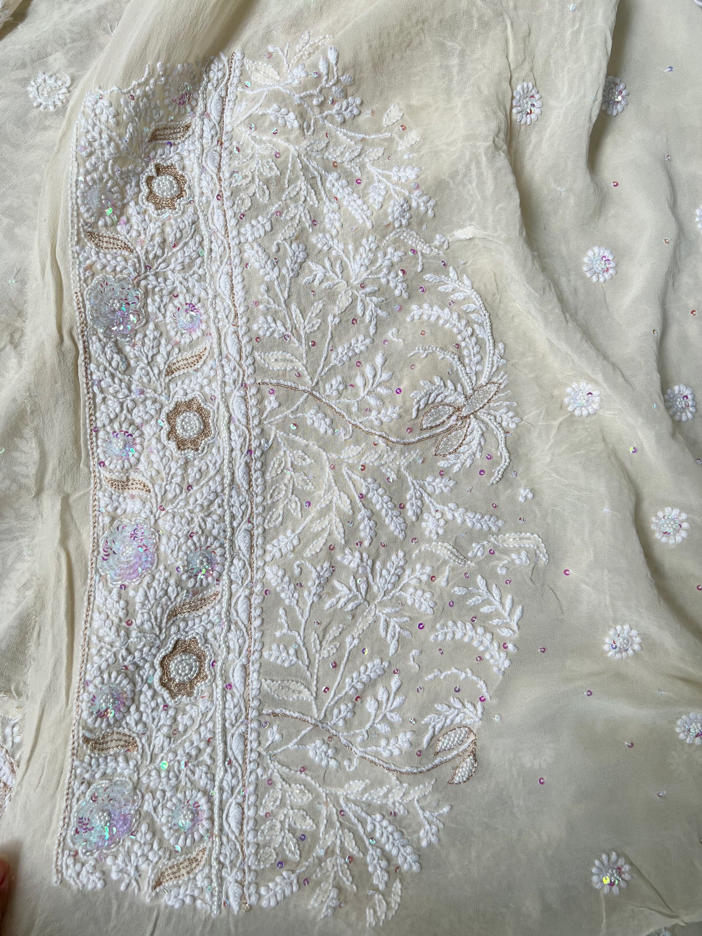 Ivory Pure Georgette Saree with Chikankari & Embellishments