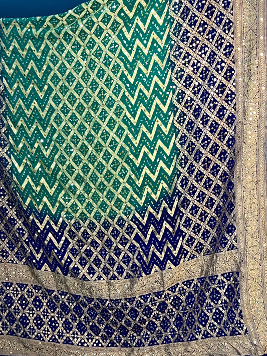 Royal Blue and Green Banarsi Bandhej Dupatta with Mukaish