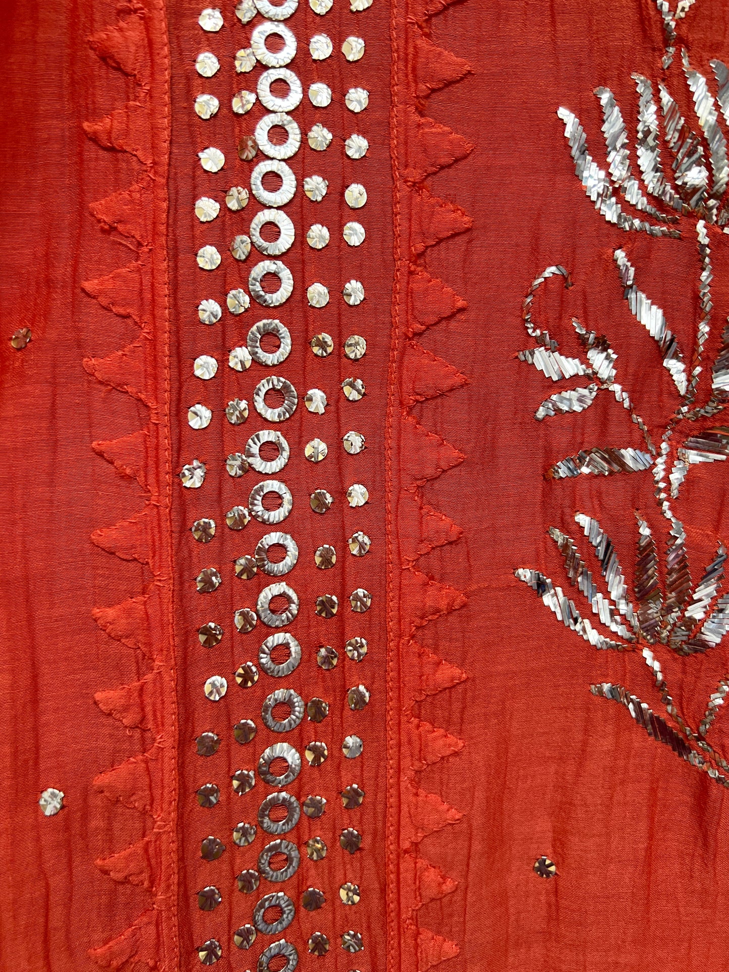 Rust Orange Mul Chanderi Suit with Mukaish detailed embroidery and embellishments.