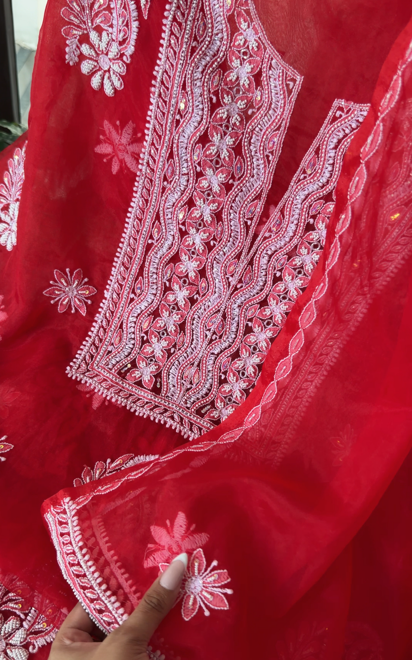 Red Organza Chikankari Suit with Pearls