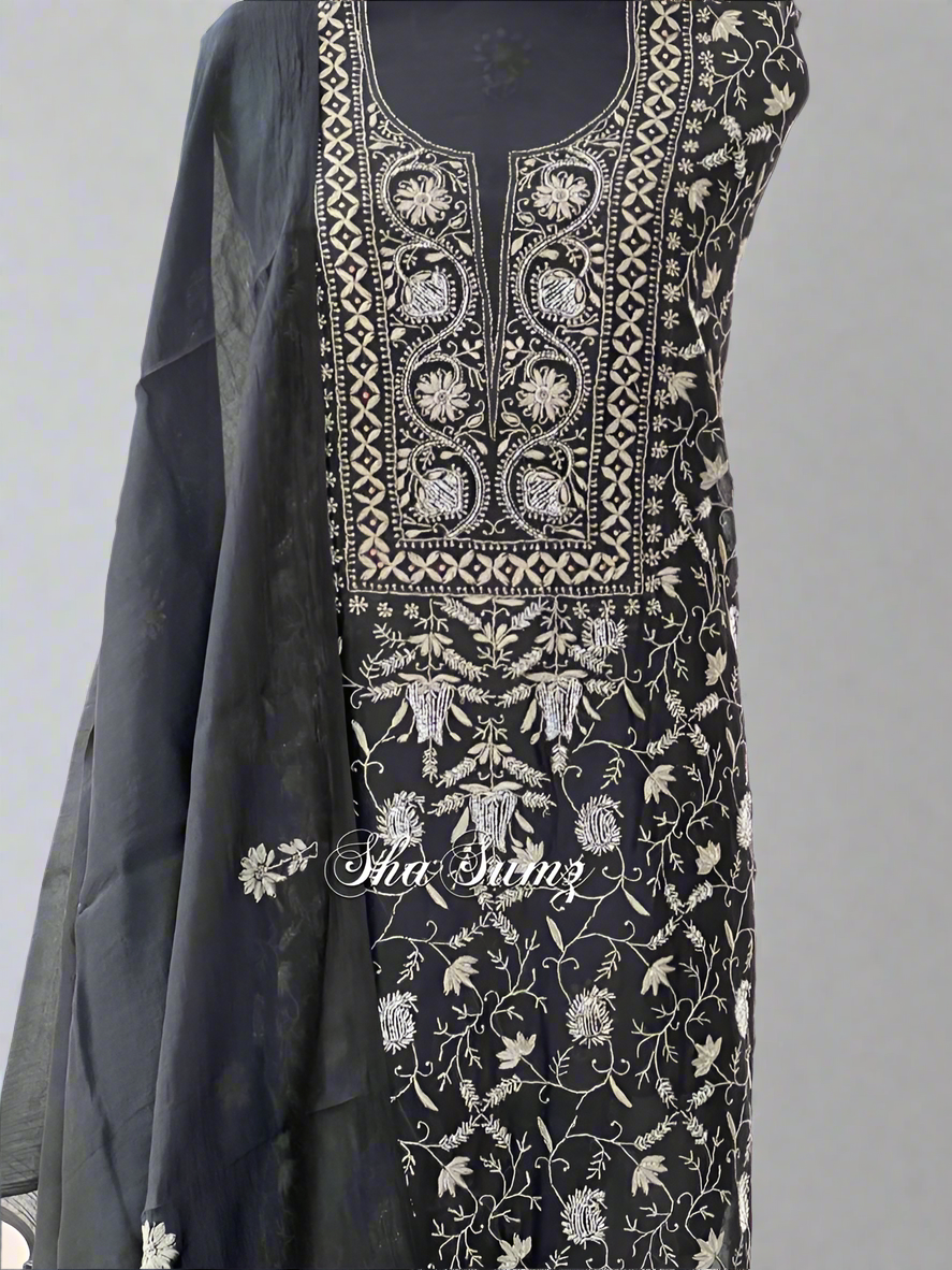 Black and Grey Chikankari Mul Chanderi Suit
