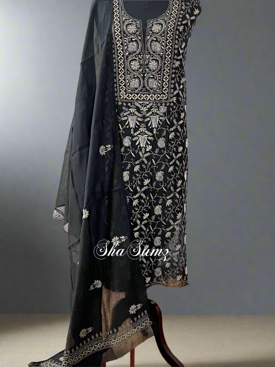 Black and Grey Chikankari Mul Chanderi Suit