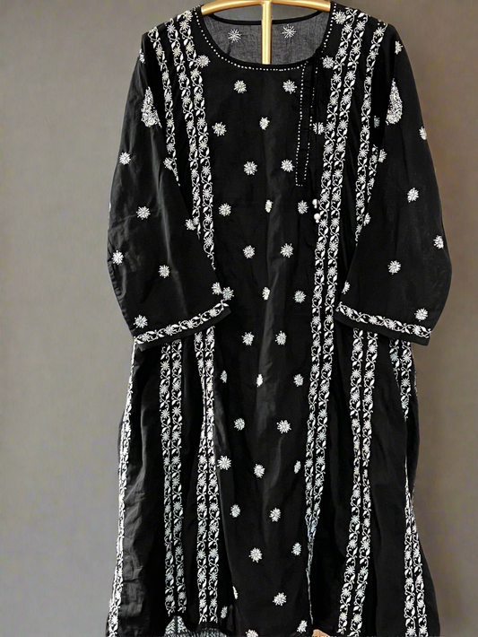 Black Cotton Kalidar with White Do Taar Chikankari & Kamdani