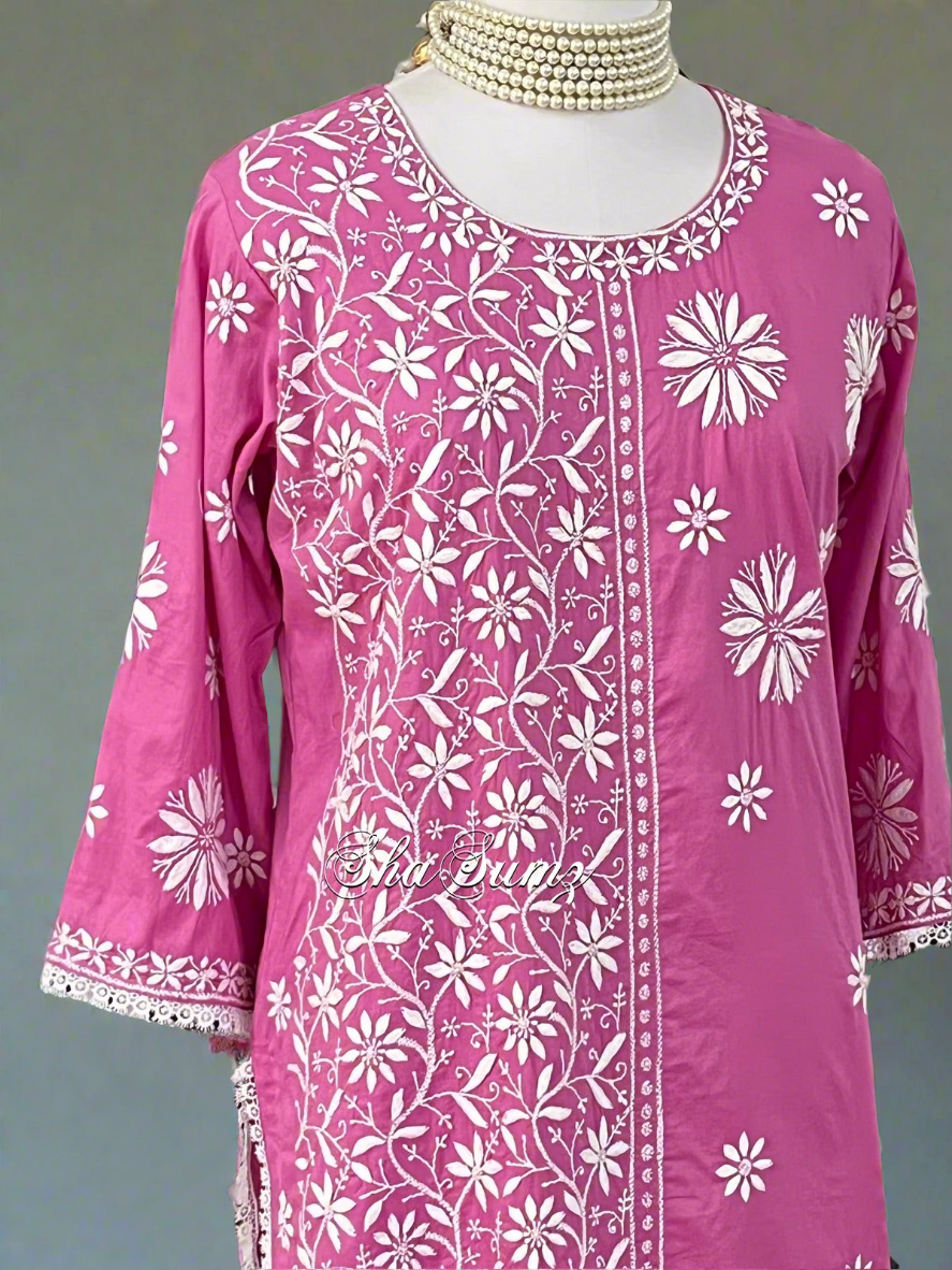 Rose Pink Cotton Kurta with Chikankari