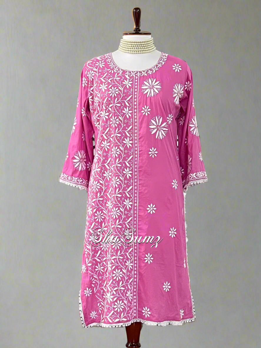 Rose Pink Cotton Kurta with Chikankari
