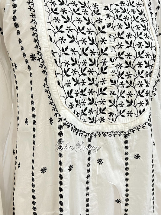 Lily White Cotton Anarkali with black chikankari
