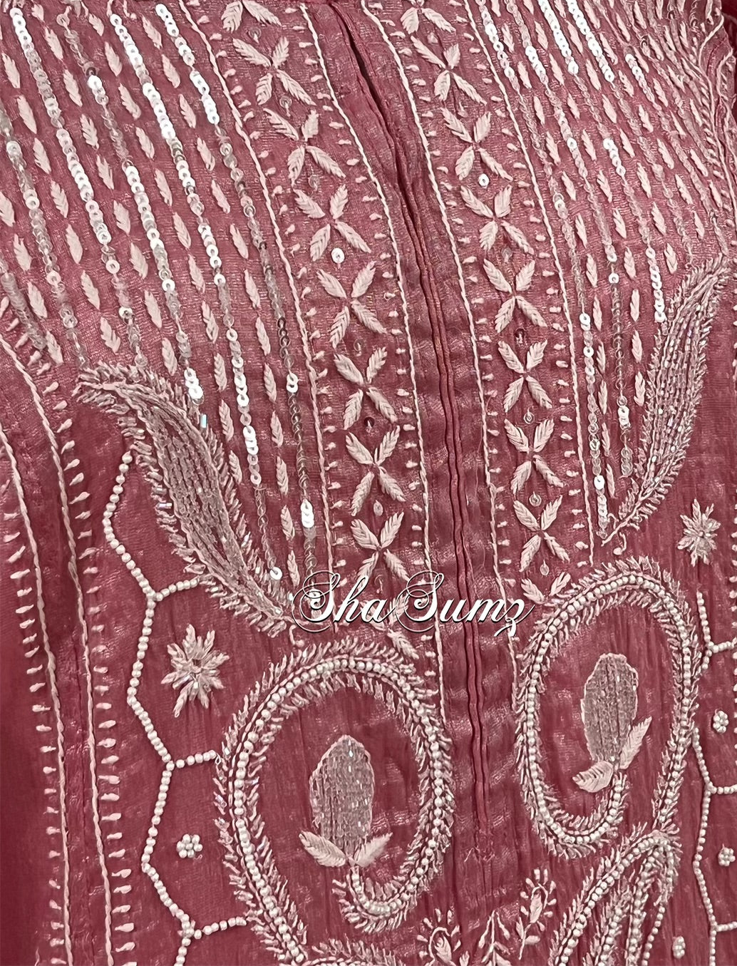 Pink Tissue Chanderi Suit with Chikankari & Pearls