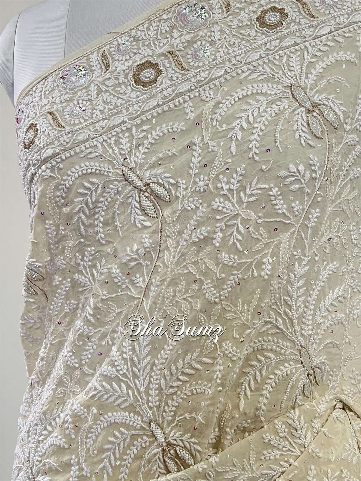 Ivory Pure Georgette Saree with Chikankari & Embellishments
