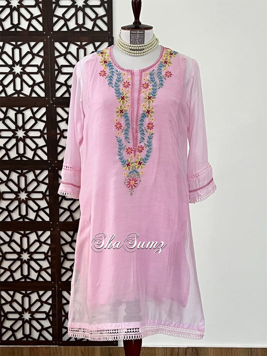 Pink Cotton Kurti with Multi colour Chikankari