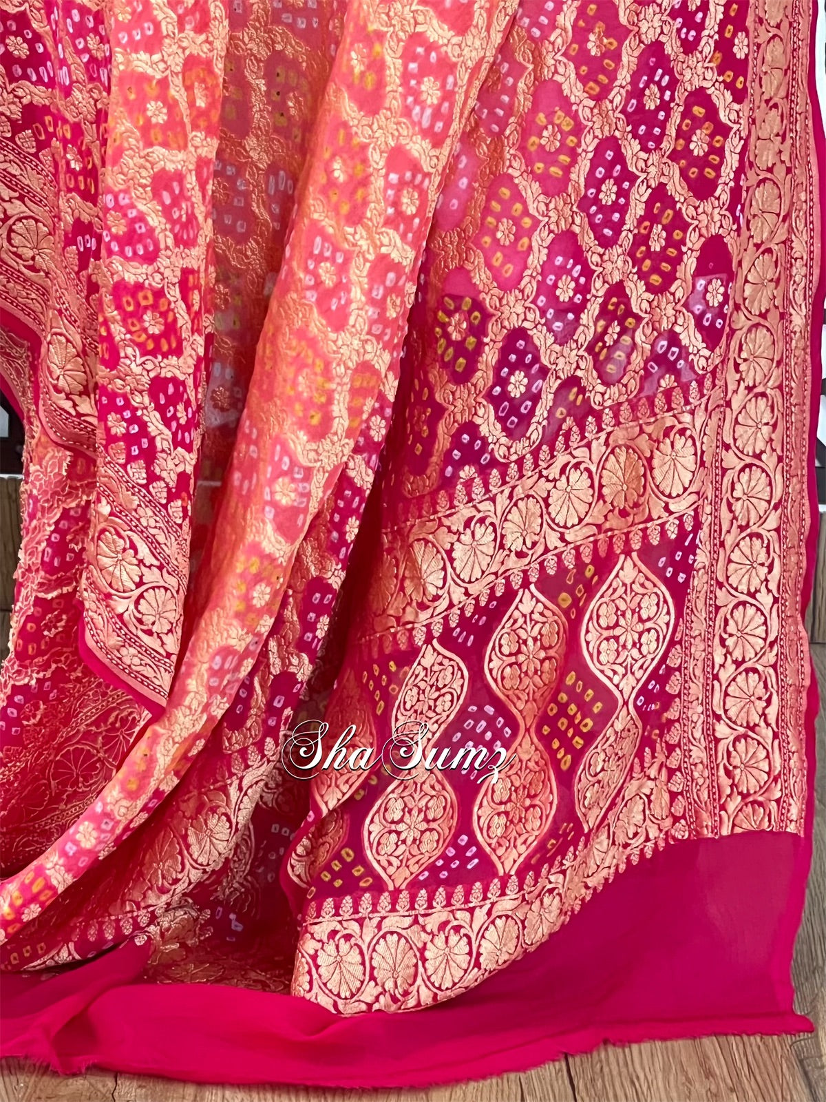 Peach & Carrot Pink Banarsi Zari Weave Bandhej Pure Georgette Dupatta