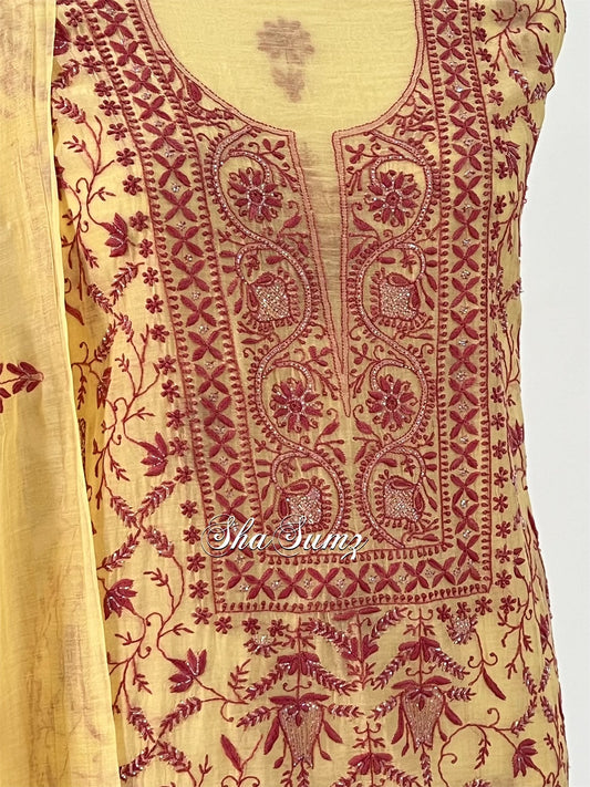 Light Mango Yellow Suit with Red Chikankari