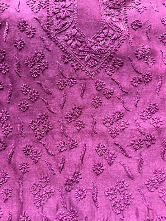 Deep Magenta Chikankari Kurta Fabric - Pure Chanderi