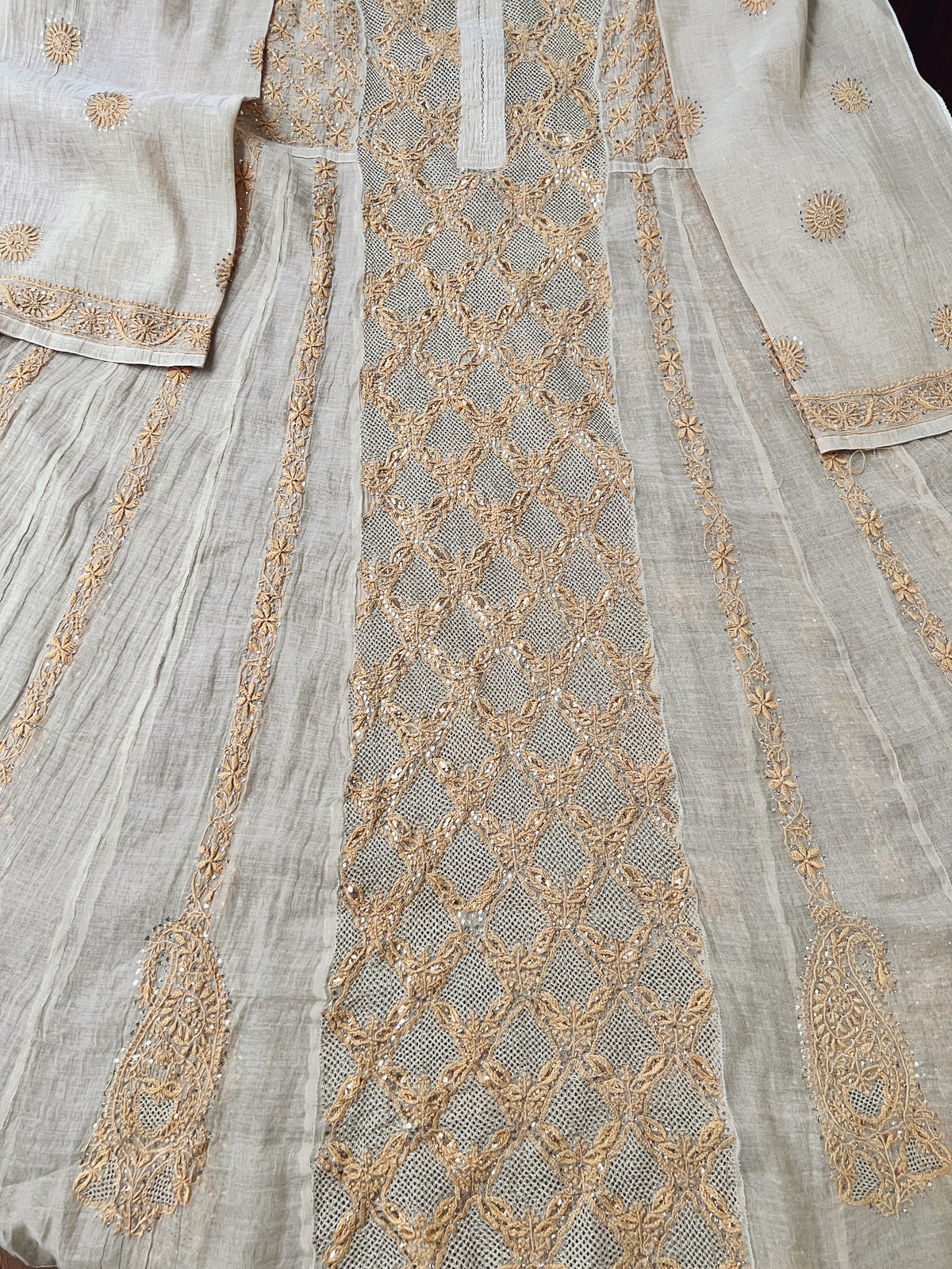Natural Gold Beige Tissue Chanderi Silk Anarkali with Chikankari, Kasab Haath Jaali and Mukaish