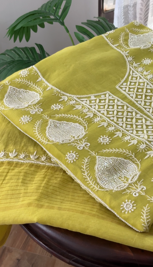Dhani Green Mul Chanderi Kurta Set with Chikankari and Embellishments