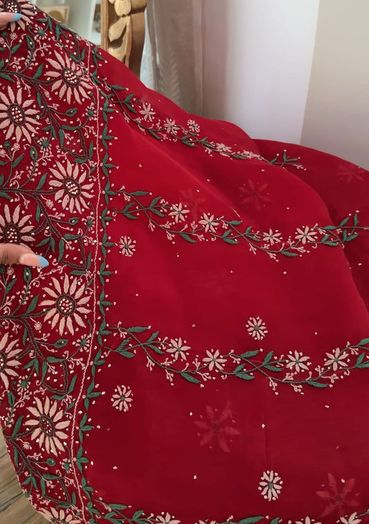 Deep Red Organza Silk Kurta Dupatta Set
