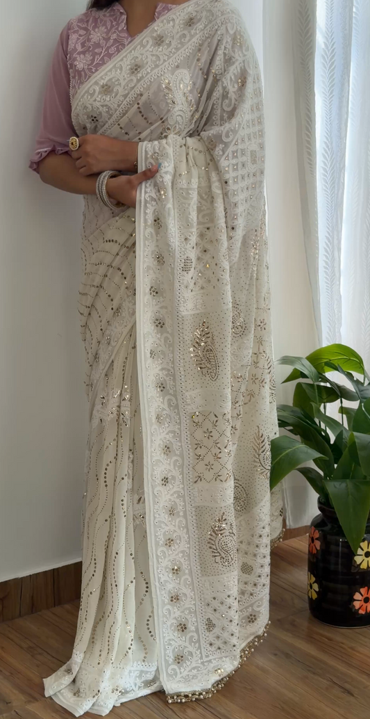 Ivory Hand-Embroidered Chikankari & Handcrafted Mukaish Saree