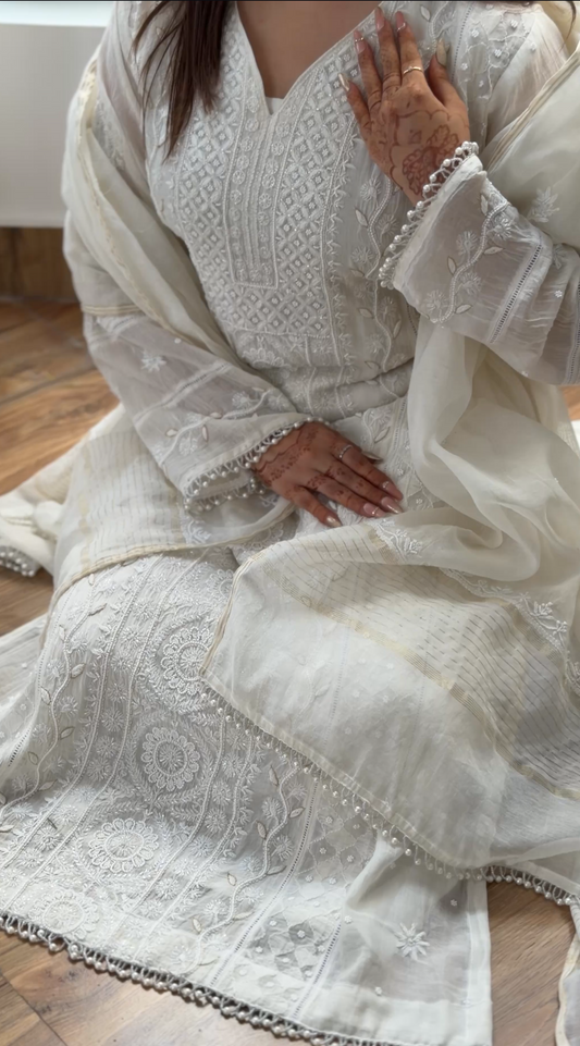 White Mul Chanderi Suit Set with Chikankari and Embellishments