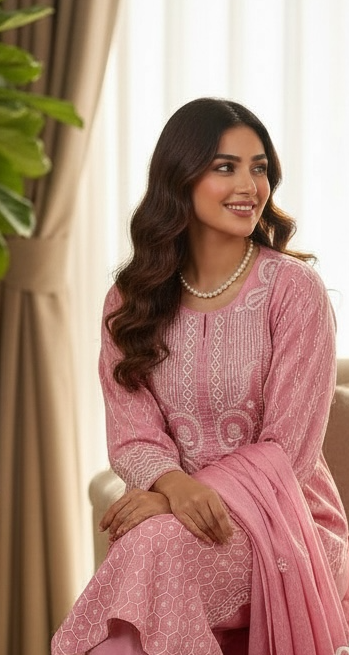 Pink Tissue Chanderi Suit with Chikankari & Pearls