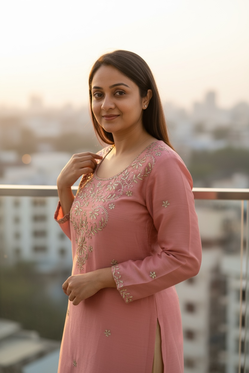Chanderi Mukaish Kurta - Peach