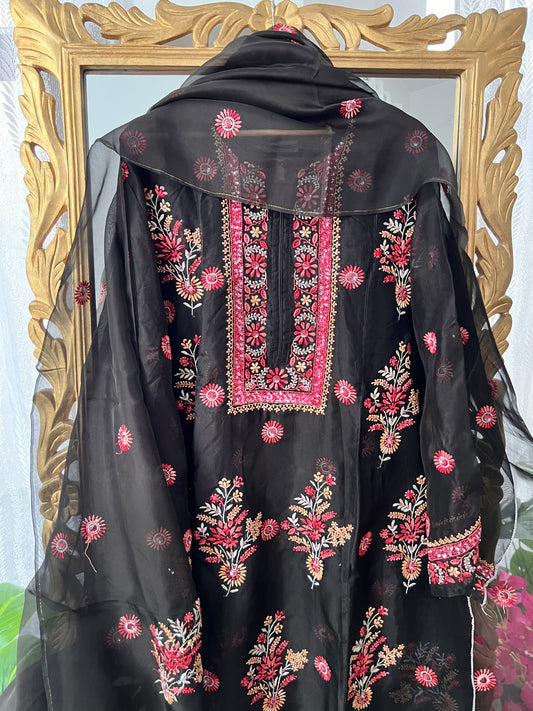 Black Pure Organza Silk Kurta Set with Multi Colour Chikankari and Embellishments