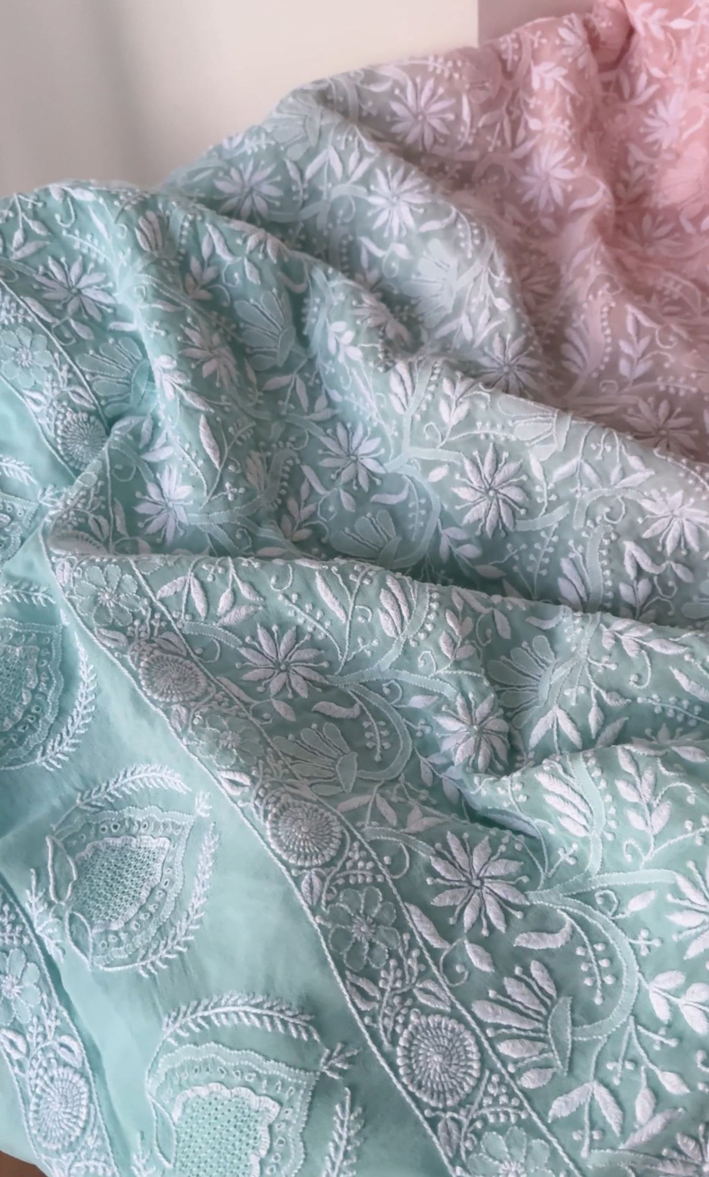 Sea Foam Green and Blush Pink Pure Georgette Chikankari Suit