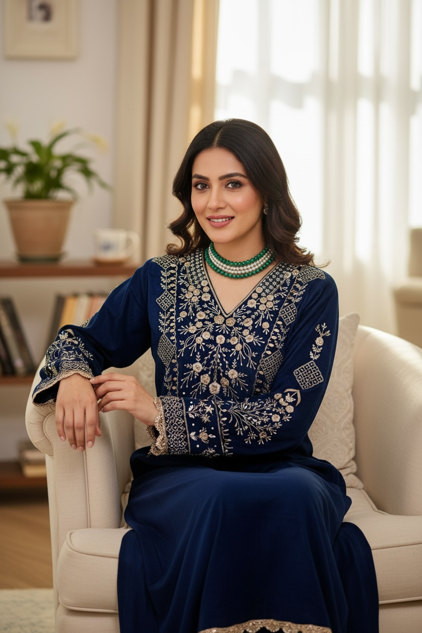 Midnight Blue Velvet Kurta with Zardozi – A Royal Classic Reimagined