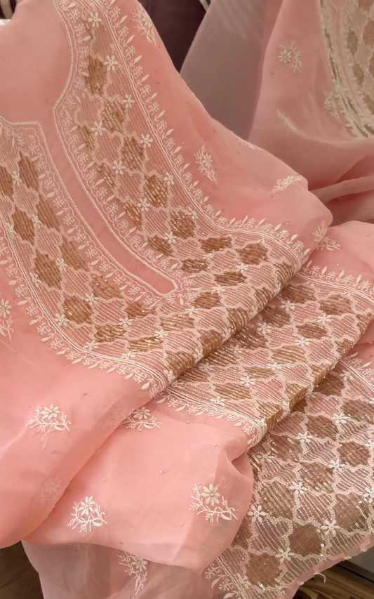Peachy Pink Pure Organza Silk Suit with Hand-embroidered Chikankari & Sequins
