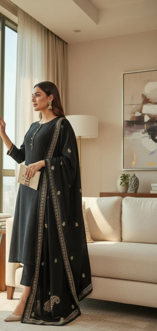 Black Shawl with Chikankari