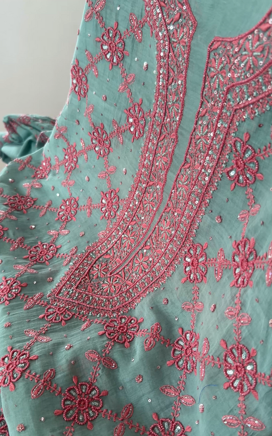 Sea Foam Green Mul Chanderi Suit Set with Chikankari and Embellishments