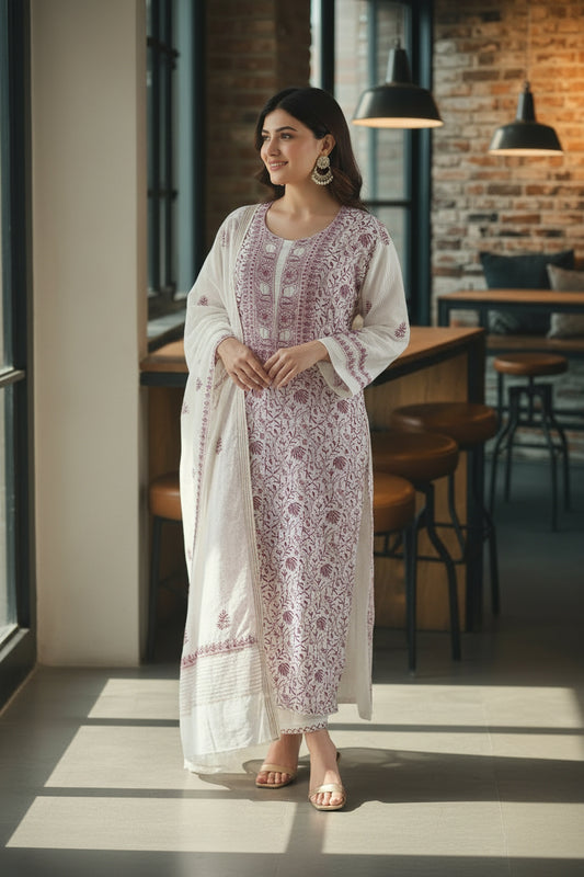 Mul Chanderi Suit with Chikankari and Haath Jaali