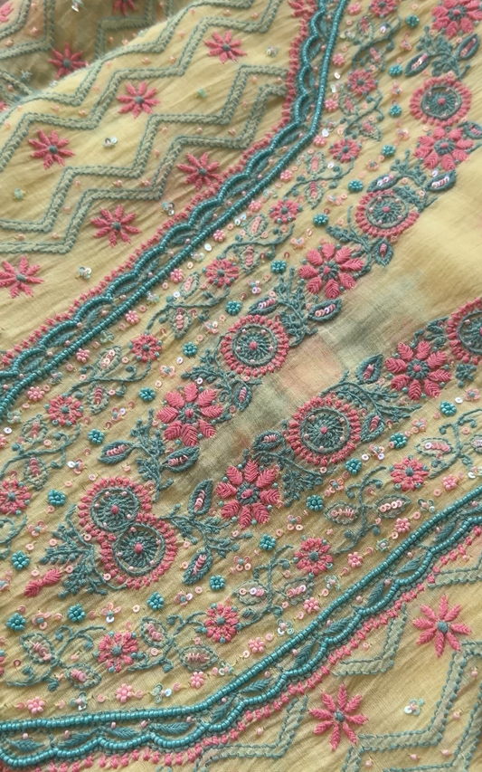 ShaSumz Exclusive: Vibrant Yellow Mul Chanderi Suit with Pastel Chikankari