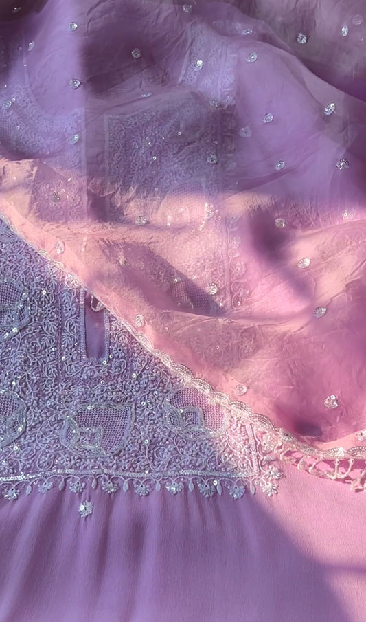 Lavender Pure Georgette Suit with Chikankari & Embellishments