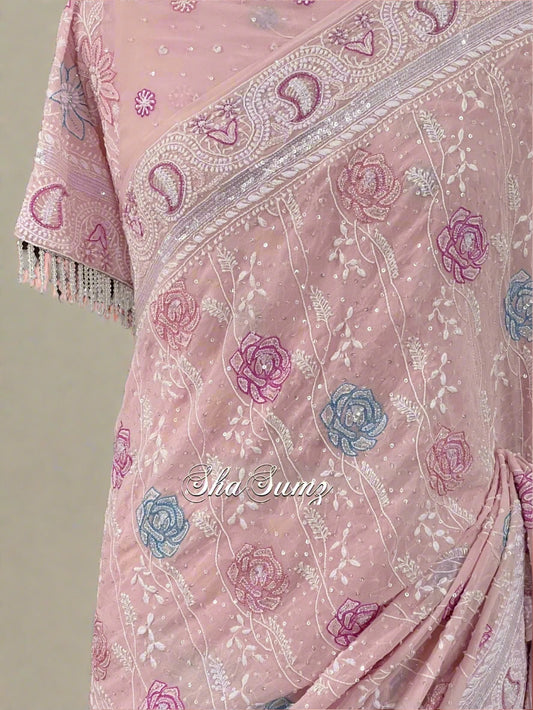 Pure Georgette Saree with Chikankari and Embellishments