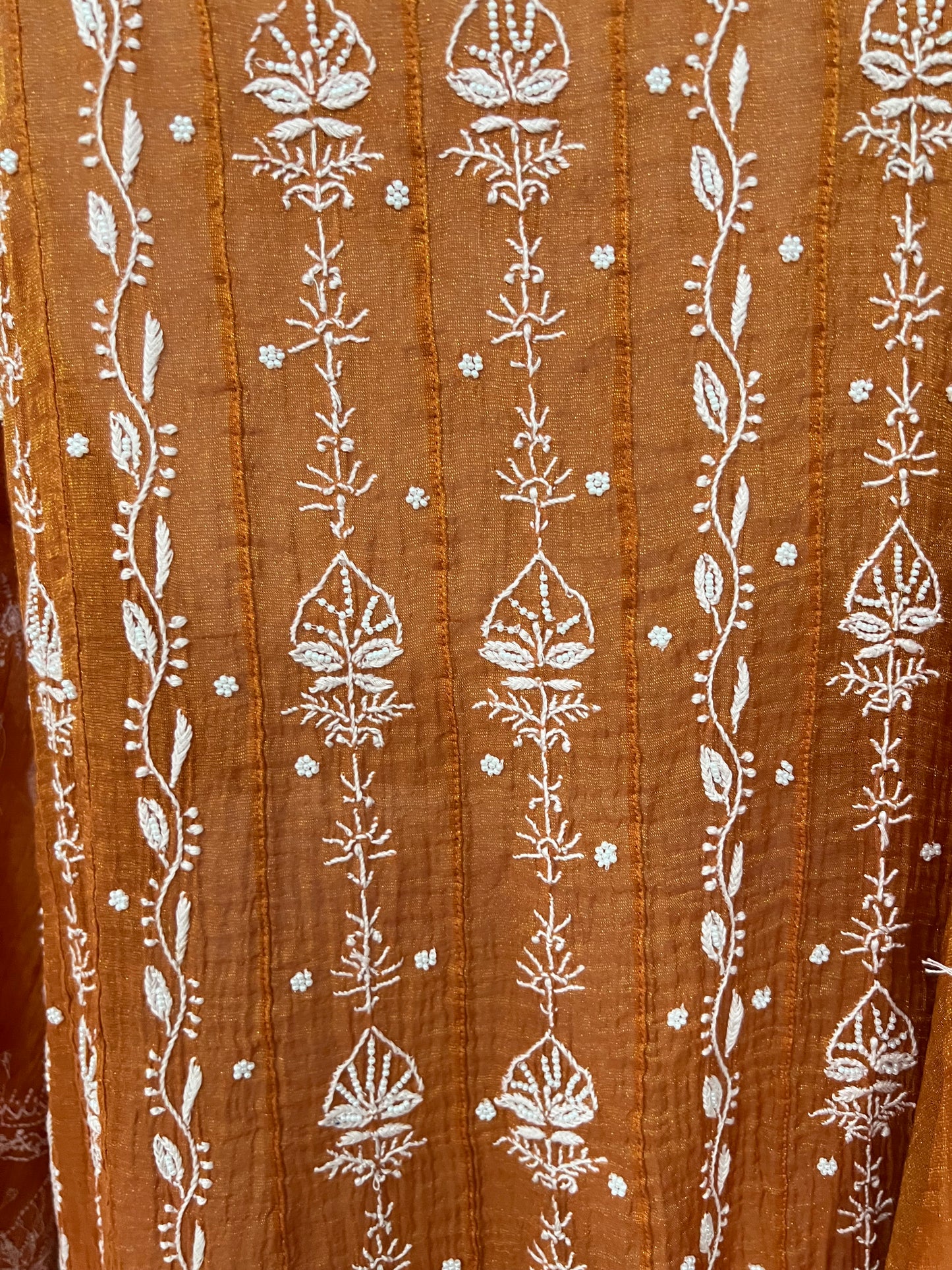 Rust Tissue Chanderi Silk Anarkali - Chikankari and Embellishments