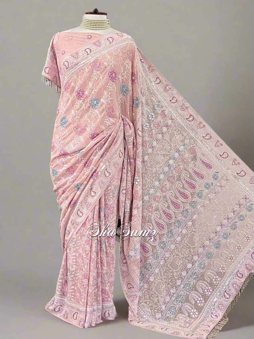 Pure Georgette Saree with Chikankari and Embellishments