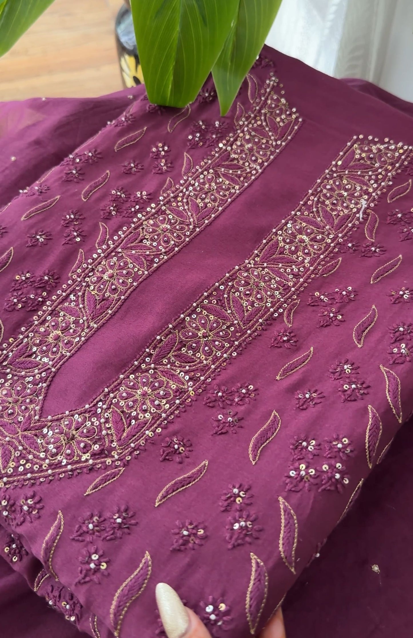 Royal Mulberry Hand-Embroidered Pure Chanderi Silk Suit Set