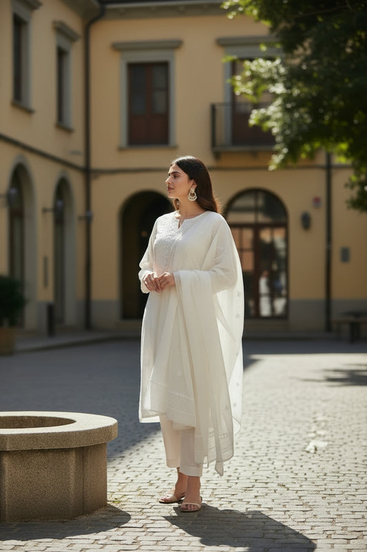 Mul chanderi suit with pearls