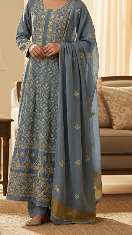 Dusty Blue Tissue Chanderi Anarkali with Chikankari, Cutdana & Sequin Work