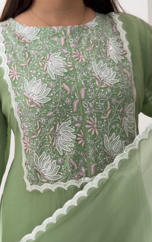 Matcha Green Chikankari & Embellishments Suit Set