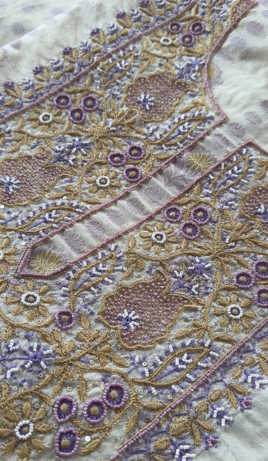 Lavender Chanderi Banarasi Zari Suit Set with Chikankari and Embellishments