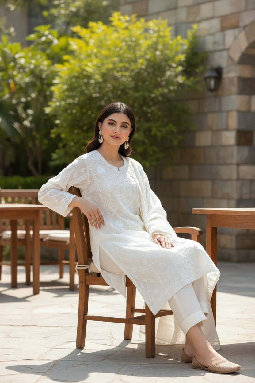 White Mul Chanderi Suit Set with Chikankari and Embellishments