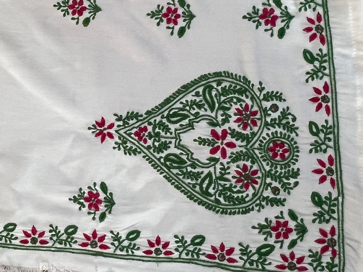 Off-White Pashmina Suit showcasing delicate Chikankari hand-embroidery in magenta and green floral patterns.