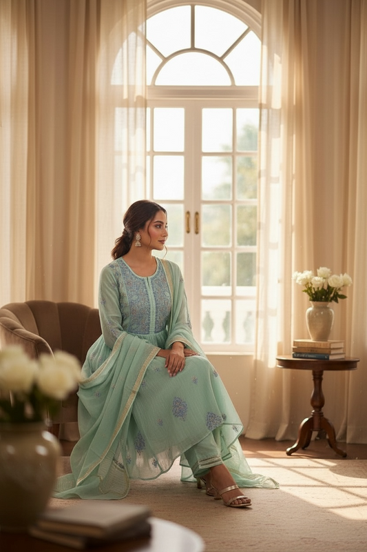 Cool Mint Green Mul Chanderi Peshwaz with Chikankari