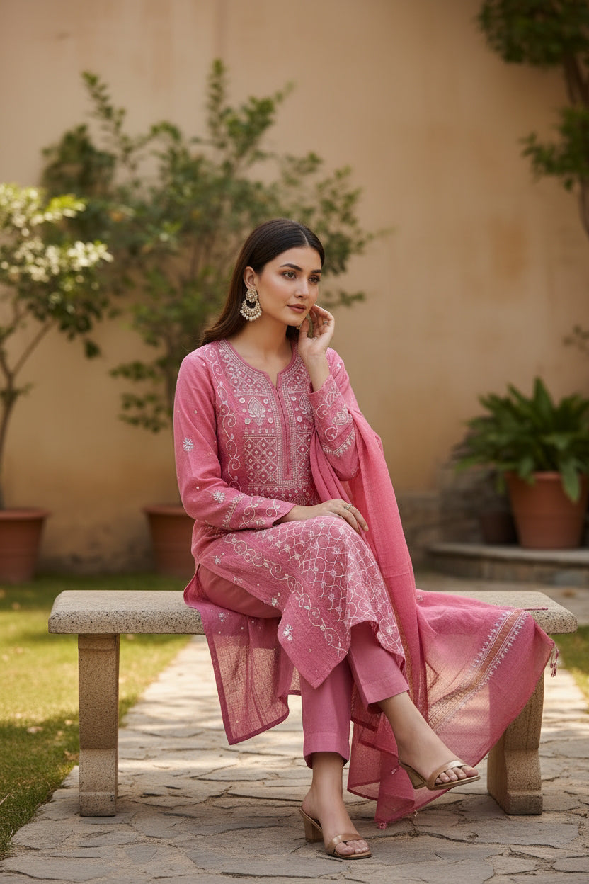 Pink Tissue Chanderi Silk Suit with Chikankari and Embellishments