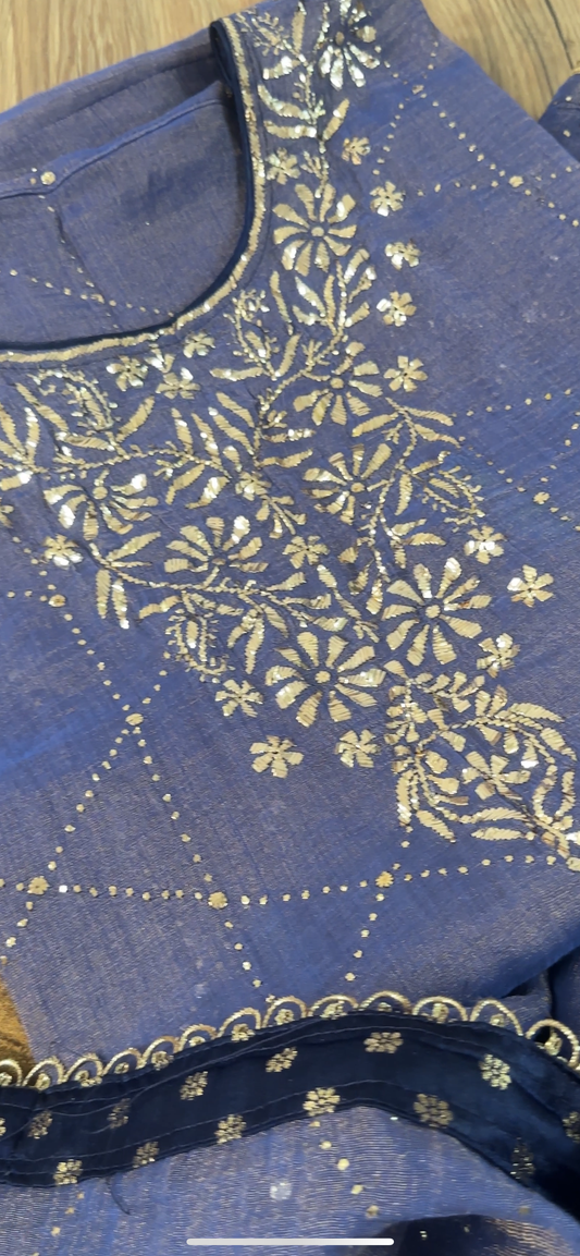 Indigo Blue Pure Tissue Chanderi Mukaish Suit