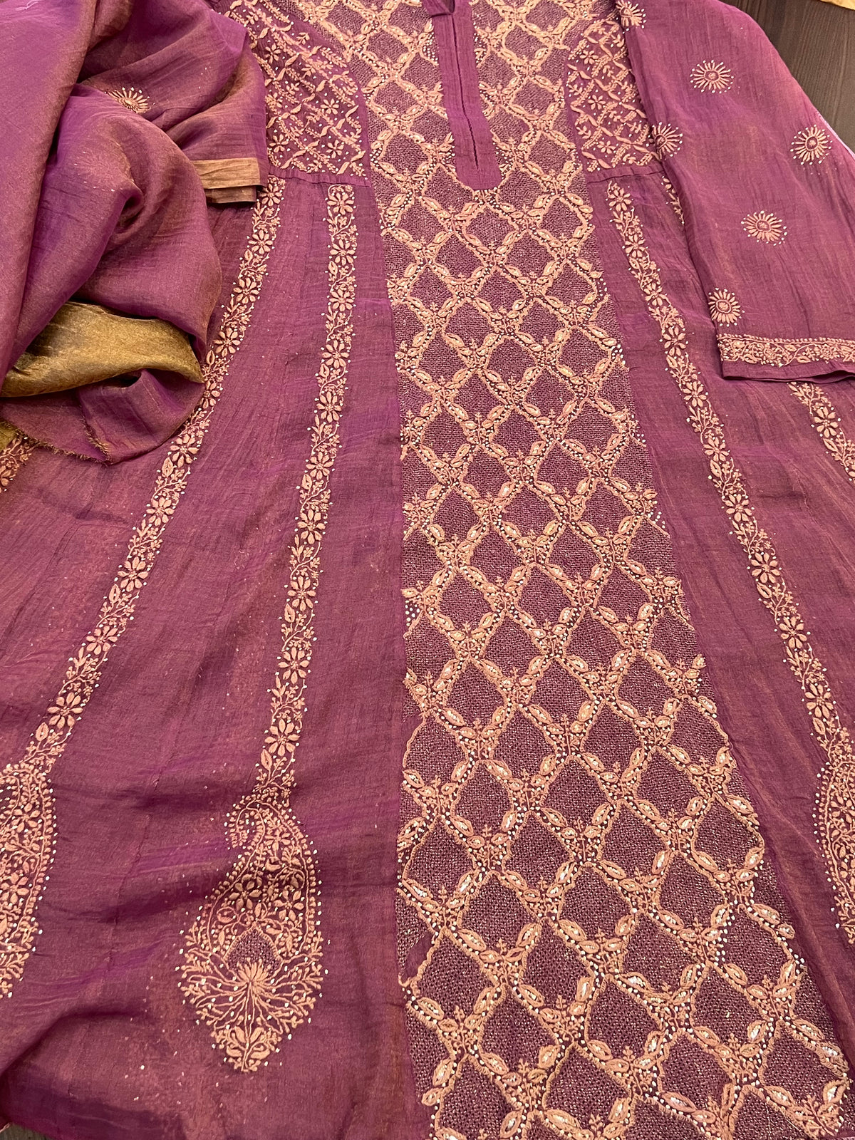 Deep Plum Anarkali with Chikankari, Kasab Haath Jaali and Mukaish