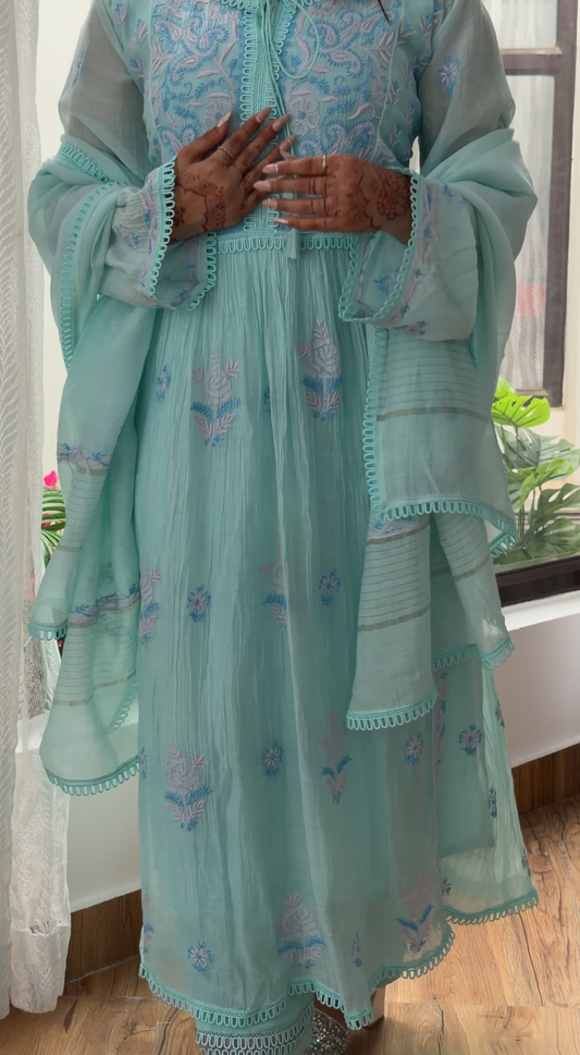 Cool Sea Green Mul Chanderi Kalidar Tunic with Chikankari