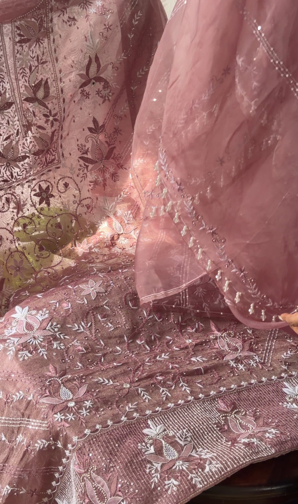 Wine Color Pure Organza Tissue Silk Suit Set with Hand Embroidery